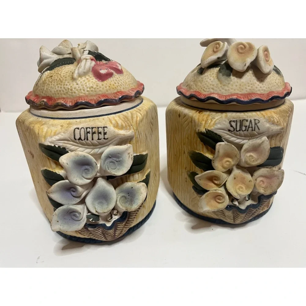 Vintage Ceramic Coffee Sugar Canister Set Calla Lily Floral 3D  Cottagecore